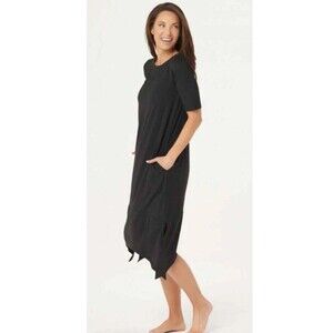 Cuddl Duds Flexwear Black Stretch T shirt Dress Sz L Rainbow Hem Travel Lounge
